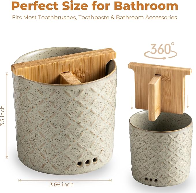Zoeeker Toothbrush Holders for Bathroom with Drain Holes and Bamboo Divider | Ceramic Toothbrush and Toothpaste Holder, Detachable 3 Slots Electric Tooth Brush Cup Countertop Organizer for Family, Green