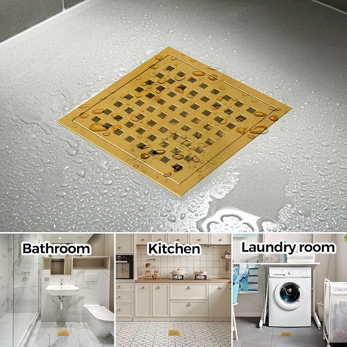 zaa 6 Inch Square Shower Drain, Bathroom Floor Drain, 304 Stainless Steel Shower Floor Drain Kit with Flange, Removable Shower Drain Grate with Hair Strainer, Gold