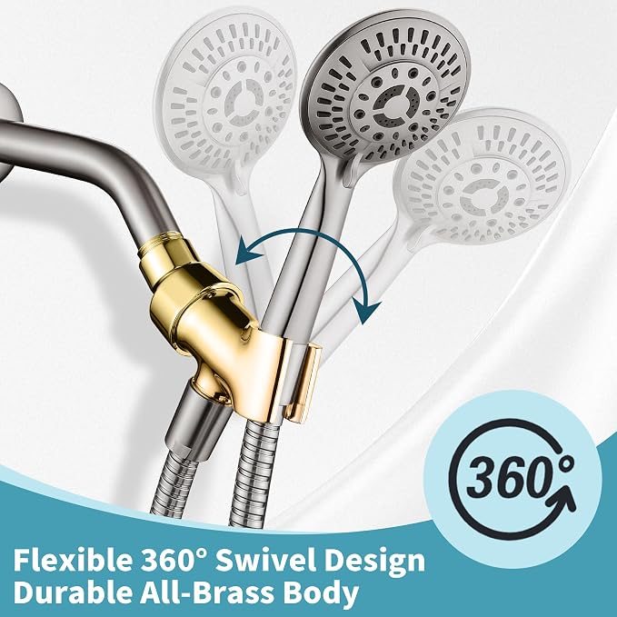 BRIGHT SHOWERS All Metal Handheld Shower Head Holder, Adjustable Shower Arm Mount with 360 Degree Rotatable Brass Ball Joint and Hose Connector, Universal Wall Hook Bracket, Brushed Nickel