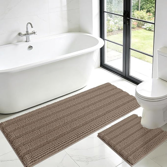 ACCUMTEK Striped Dark Beige Toilet Bathroom Rug Mat Set 2 piece Rug Ultra Soft, Non Slip Chenille Bath Rugs, Absorbent Plush Shaggy Bath Mats for Bathroom, Bedroom, Kitchen, Shower, Tub,Taupe