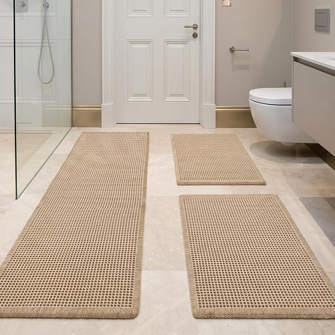 JIUZHEN Set of 3 Waffle Bathroom Rugs Boho Bath Mat 16"x24"+24"x36"+24"x48" | Brown, Non Slip, Super Absorbent, Washable, Ultra Soft, Fast Drying Waffle Bathroom Rugs for Bathroom Floor, Tub, Shower
