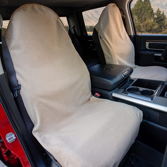 Leader Accessories Waterproof Towel Front Bucket Seat Covers, 2pcs Beige | Universal Non-Slip, Fits Car Truck SUV, Machine Washable, For Dog & Kid, Pets, Yoga, Gym, Beach, Swimming, Outdoor Sports