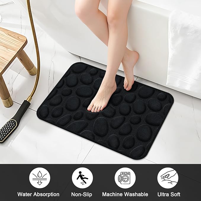 Stone Bath Mats, Non-Slip Memory Foam Bathroom Rug, 16x24 Black | TPR Rubber Backing,Ultra Soft,Highly Absorbent,Machine Washable,Quick Dry for Tub and Shower, Home Decor Accessories