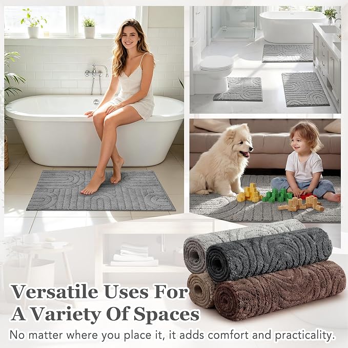 Homcomoda Bathroom Rugs Sets 3 Piece, Soft Absorbent Microfiber Bath Mats and U-Shaped Contour Toilet Rug, Non Slip Bath Rugs Machine Washable Shaggy Bath Room Floor Mats, Grey