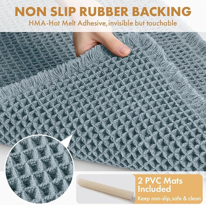 MIULEE Set of 2 Waffle Bathroom Rugs Dusty Blue Bath Mat 17"x24"+18"x30" | Non Slip, Super Absorbent, Washable, Ultra Soft, Rubber Backed, Small Boho Bath Rugs for Bathroom Floor Tub Shower