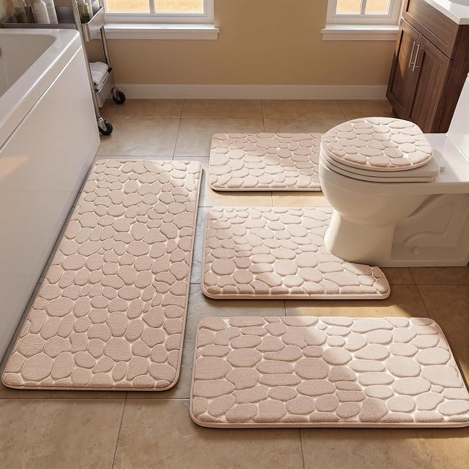 YIHOUSE Bathroom Rugs Mat Set, Memory Foam Bath Mat 5 Piece Khaki | Non Slip, Water Absorbent, Washable, Bath Mat For Bathroom, Sink and Toilet