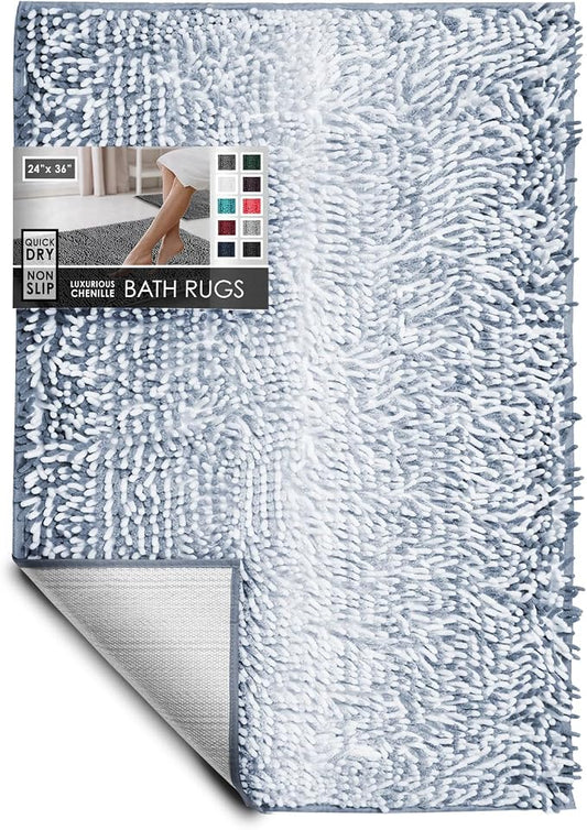 Hearth & Harbor Bathroom Rugs, Chenille Bath Mat - Machine Washable Bath Mats for Bathroom Non-Slip Backing Rubber, Quick Dry Bathroom Mat, 24 x 36 - Ombre Blue