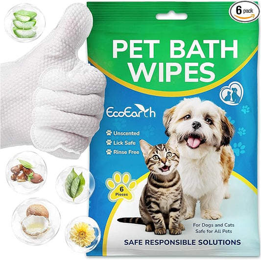 Premium Pet Wipes for Dogs & Cats - 6 Pcs - Disposable Washing Gloves for Bath & Grooming - Clean & Dry Paws, Fur, Face, Ears, Butt & Body - Hypoallergenic, Lick-Safe & Waterless Cleaning Gloves