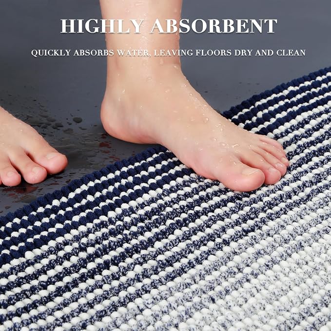 Bathroom Rugs Sets 2 Piece, Non Slip Striped Bath Mats, Navy | 20"x47" Plus 16"x24", Soft Absorbent Chenille, Quick Dry Machine Washable, Shower Rug for Bathroom Floor, Tub, Bedroom Decor