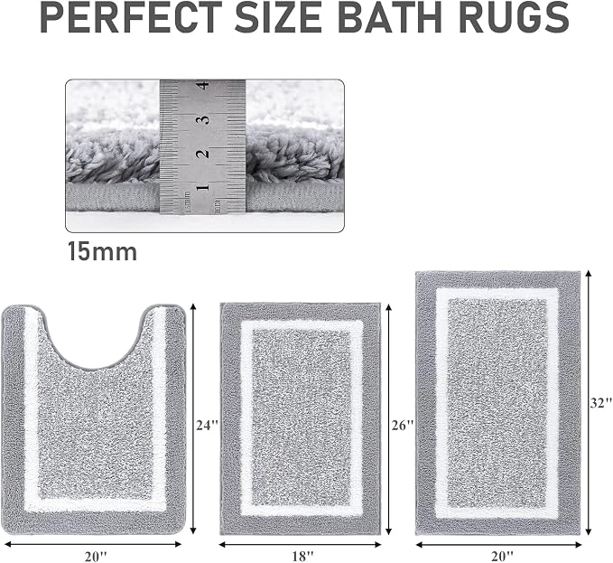 Pauwer 3 Piece Bathroom Rug Set, Non Slip Washable Bath Mat, Light Grey | Soft Plush Microfiber, Super Absorbent Floor Carpet, U Shaped Toilet Mats, Quick Dry, Shaggy Shower Rugs Runners