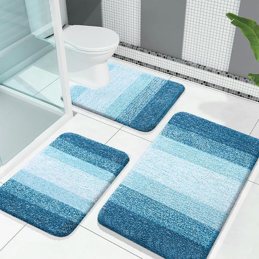 OLANLY Microfiber Bathroom Rugs Sets 3 Piece, 30"x20"+24"x16"+24"x20" | Peacock Blue, Soft Absorbent Bath Mats and U-Shaped Contour Toilet Rug, Machine Wash Dry, Plush Bath Mat Set for Bathroom