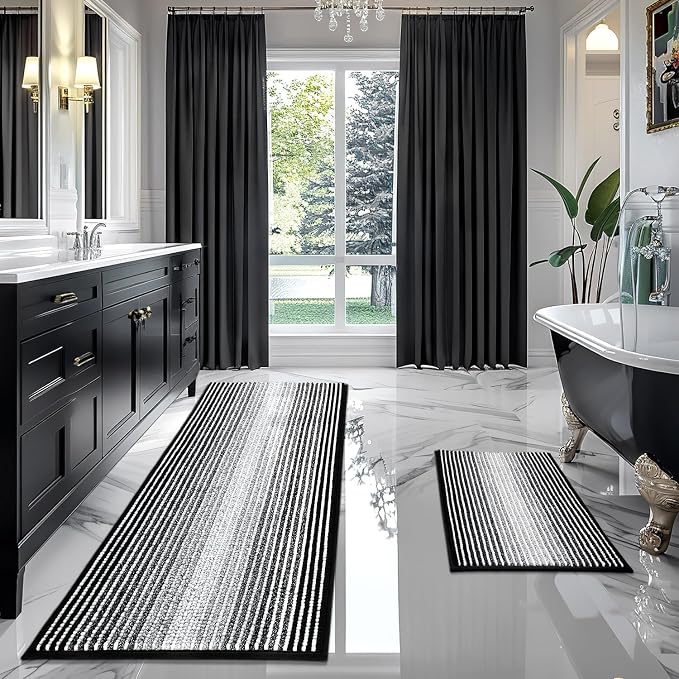 Bathroom Rugs Sets 2 Piece, Non Slip Striped Bath Mats, Black | 24"x70" Plus 20"x32", Soft Absorbent Chenille, Quick Dry Machine Washable, Shower Rug for Bathroom Floor, Tub, Bedroom Decor