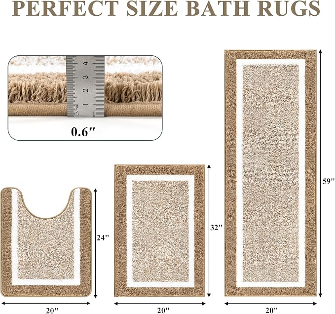 Pauwer Bathroom Rug Sets 3 Piece, Non Slip Washable Bath Mat, Khaki | Soft Plush Microfiber, Super Absorbent Floor Carpet, U Shaped Toilet Mats, Quick Dry, Shaggy Shower Rugs Runners