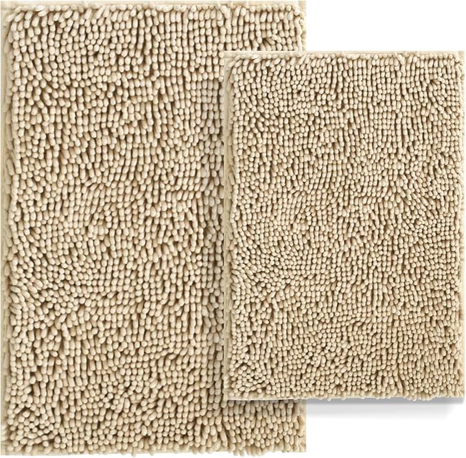 RUN HELIX Beige Bathroom Rug Mat Set, Extra Thick and Absorbent Bath Rugs, Non-Slip, Chenille Soft Plush Shaggy, Washable, for Bathroom, Bedroom, 24x16+20x32 Inch