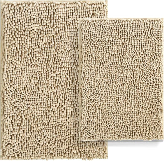 RUN HELIX Beige Bathroom Rug Mat Set, Extra Thick and Absorbent Bath Rugs, Non-Slip, Chenille Soft Plush Shaggy, Washable, for Bathroom, Bedroom, 24x16+20x32 Inch