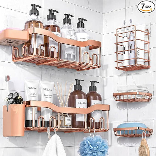 NESOMI Shower Caddy Adhesive Shower Organizer 7-Pack, Rustproof Stainless Steel Bathroom Shelves, Large Capacity No-Drill Rack Storage Accessories with Soap Dish Toothbrush Holder Hooks