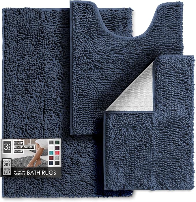 Hearth & Harbor Bathroom Rugs, Chenille Bath Mat - Machine Washable Bath Mats for Bathroom Non-Slip Backing Rubber, Quick Dry Mat - Navy Blue Bath Rug, 17x24-26x44-20x24