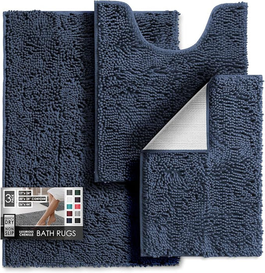 Hearth & Harbor Bathroom Rugs, Chenille Bath Mat - Machine Washable Bath Mats for Bathroom Non-Slip Backing Rubber, Quick Dry Mat - Navy Blue Bath Rug, 17x24-26x44-20x24