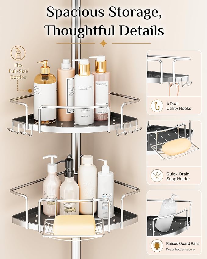 ALLZONE Corner Shower Caddy Tension Pole, 4 Hang-On Basket with Mixed-Height Shelves for Various Bottle Sizes, Extra Hooks & Soap Holder, Rustproof Stainless Steel, Fits 34–116 Inch, Silver/Dark Gray