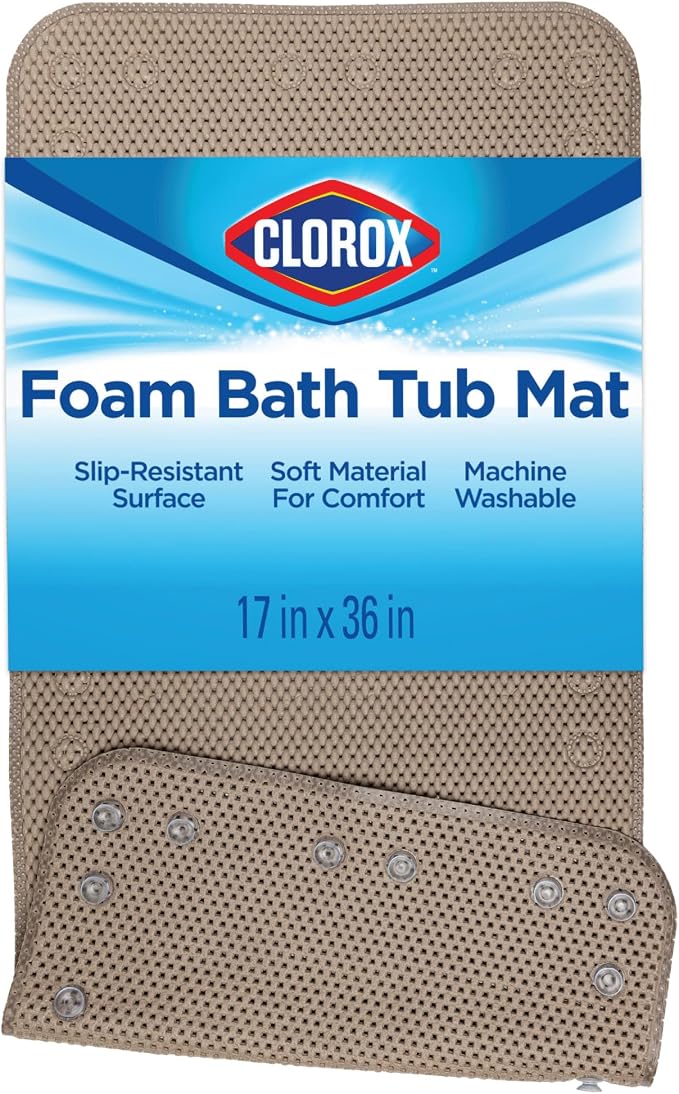 Duck Brand Clorox Cushioned Foam Bath Mat for Tubs, Non-Slip with Suction Cups, 17 Inches x 36 Inches, Taupe