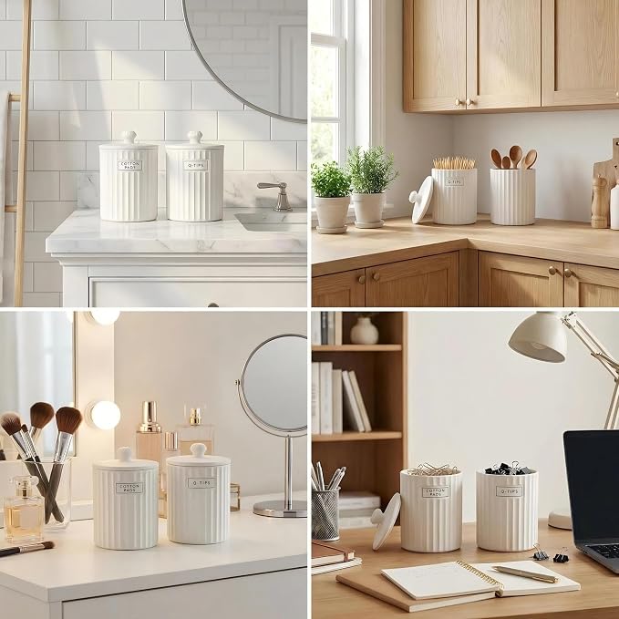 Ronasip White Ceramic Bathroom Organizer and Storage Jars with Lid, 2 Pack Qtip Holder and Cotton Pad Dispenser, Apothecary Canisters for Vanity, Kitchen Countertop, Home Decor