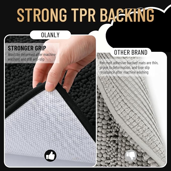 OLANLY Thick Chenille Bathroom Rugs Sets 3 Piece, 30"x20"+24"x16"+24"x20" | Black, Absorbent Bath Mats and U-Shaped Contour Toilet Rug, Home Decor Accessories, Bath Mat Set for Bathroom