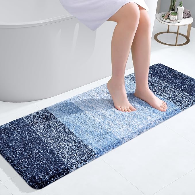 OLANLY Bathroom Runner Rug 47x17, Extra Soft Absorbent Microfiber Bath Rugs | Navy, Non-Slip Quick-Drying Rubber Backing, Machine Washable Long Bath Mat for Floor, Tub and Shower, Home Decor Accessories