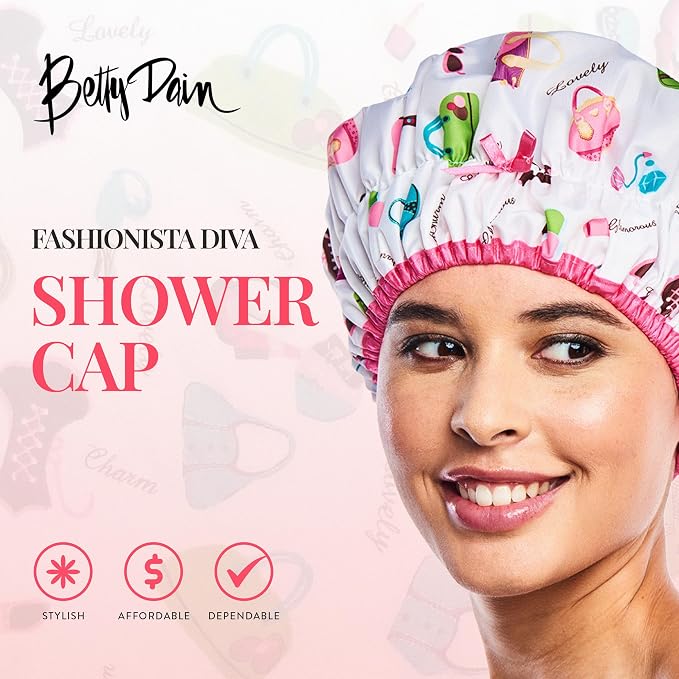 Betty Dain Fashionista Reusable Shower Cap, Diva, Lined | Oversized Waterproof Lined Bath Cap for All Hair Lengths, Elastic Stretch Hem Hair Hat