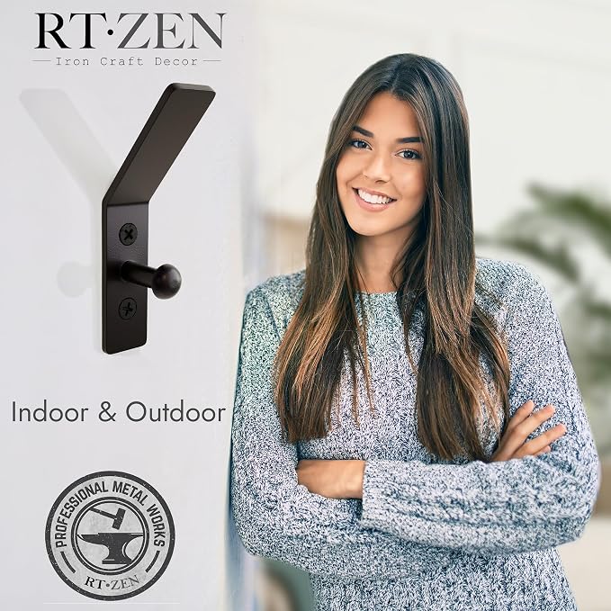 RTZEN Wall Mount Hook Set - Wrought Iron Decorative Rustic Metal Coat Hooks for Hanging - Handcrafted Classic Farmhouse Wall Mounted Black Hooks for Towel Robe or Hat Hanging - 3 Pack