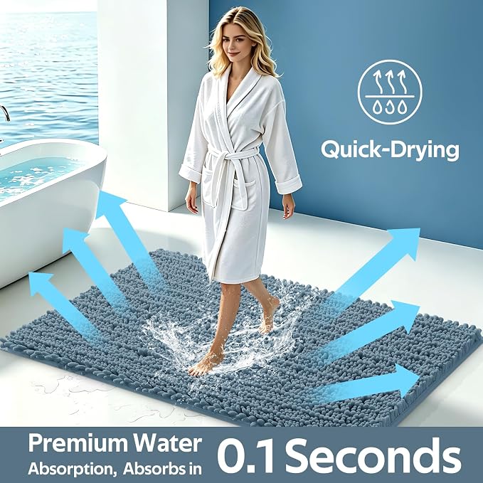 ACCUMTEK Upgrade Extra Large Haze Blue Bathroom Rug Set 3 Pieces Ultra Soft, Thick Absorbent Bath Mats, Non Slip Chenille Toilet Mat for Bathroom, Bedroom, Kitchen, Stone Blue