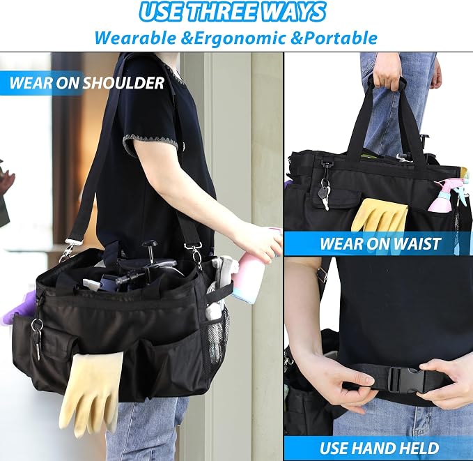 Cleaning Caddy Organizer With Handle,Cleaning Caddy Bag- Large Caddy Bag For House, Car Cleaning Supplies, Housekeeping Handbag With Adjustable Shoulder Straps (Black)