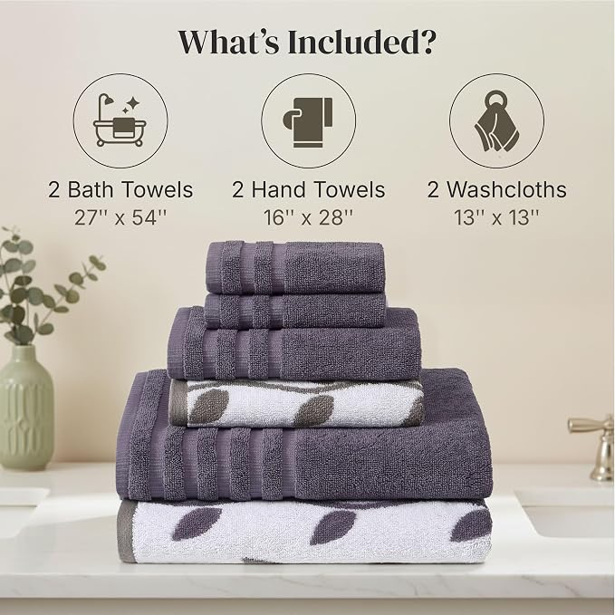 Modern Threads 6 Piece Bath Towel Set – Bathroom Set with 2 Bath Towels, 2 Hand Towels, and 2 Wash Cloths – 100% Cotton, Super Absorbent & Extra Soft – Reversible Natural Vine (Purple)