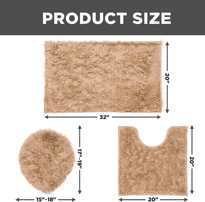 RUN HELIX Shaggy Bathroom Rugs Sets 3Piece Bath Mat for Bathrom Non-Slip Bathrom Mats Water Absorbent Bath Rug Floor Mats Soft Washable Shower Rug with U-Shaped Contour Rug Toilet Lid Cover Brown