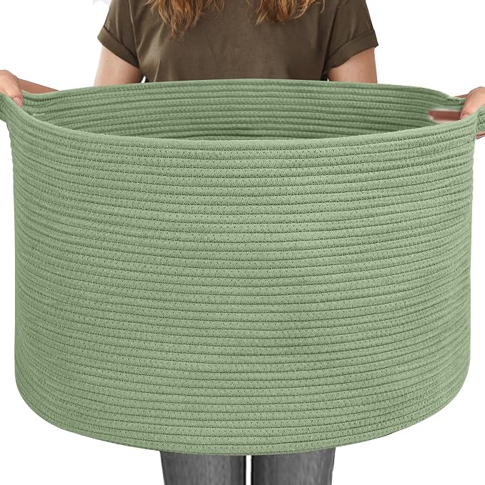 MEGASKET 115L Oversized Green Basket, 23.6"x15.7" Woven Cotton Rope Bin for Blankets, Nursery Wicker Laundry Hamper, Kids Toy Storage Bin, Sage Green Living Room Bedroom Decor Baskets for Organizing