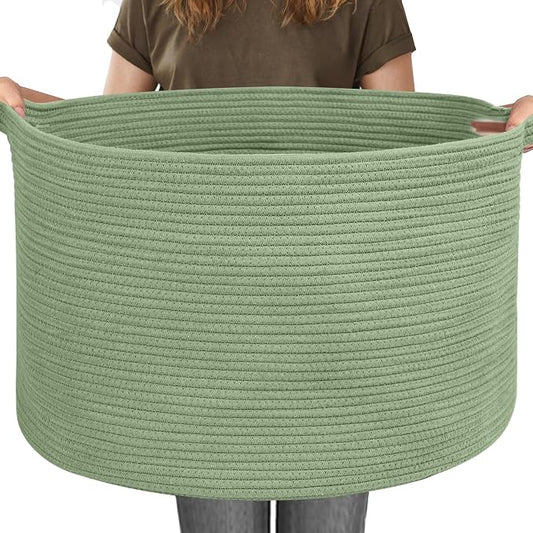 MEGASKET 115L Oversized Green Basket, 23.6"x15.7" Woven Cotton Rope Bin for Blankets, Nursery Wicker Laundry Hamper, Kids Toy Storage Bin, Sage Green Living Room Bedroom Decor Baskets for Organizing