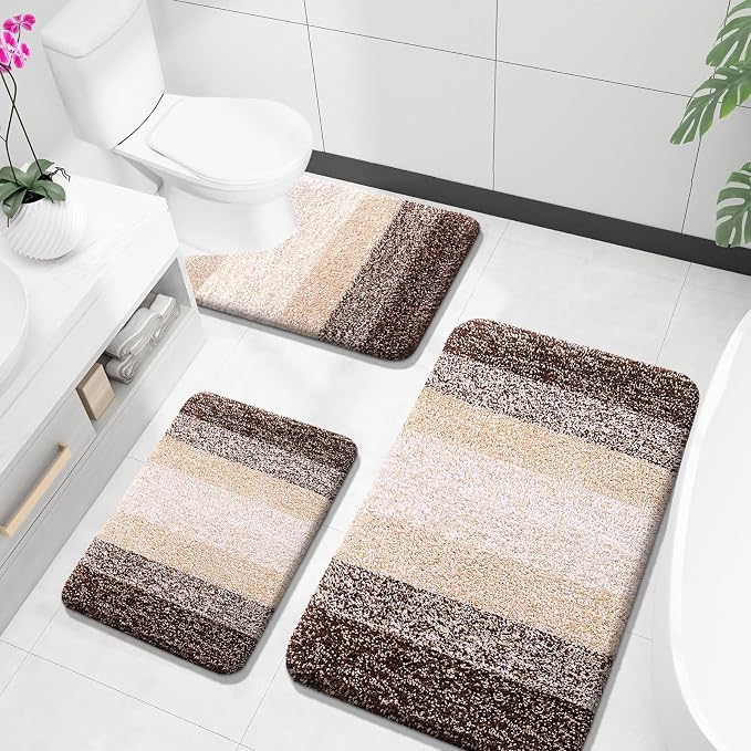 OLANLY Microfiber Bathroom Rugs Sets 3 Piece, 36"x24"+24"x16"+24"x20" | Brown, Soft Absorbent Bath Mats and U-Shaped Contour Toilet Rug, Plush Shaggy Bath Mat Set for Bathroom