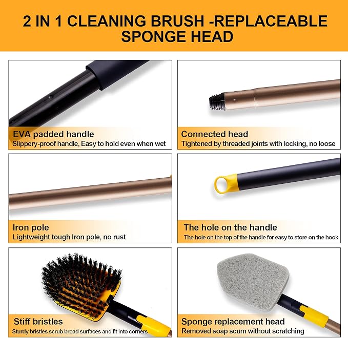 Yocada Tub Tile Scrubber Brush 2 in 1 Cleaning Brush 4*Scouring Pads 58.2" (Pack of 2)