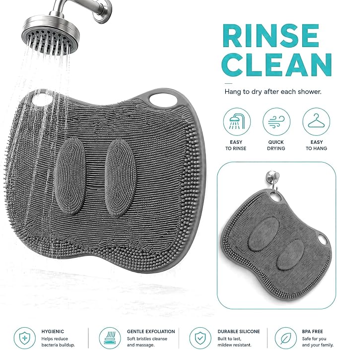 XL Silicone Shower Foot Scrubber Mat with Suction Cups, Foot Washer for Shower, Foot and Back Scrubber for Smooth Shower Wall or Floor, Grey, 17.3 x 12.9 in
