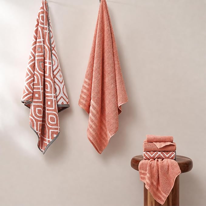 Modern Threads 6 Piece Bath Towel Set – Bathroom Set with 2 Bath Towels, 2 Hand Towels, and 2 Wash Cloths – 100% Cotton, Super Absorbent & Extra Soft – Reversible Classic Diamond (Rust Orange)