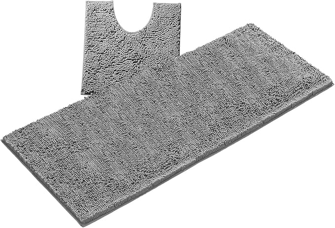 LuxUrux 2-Piece Bathroom Rug Set – Plush Chenille Runner & U-Shaped Toilet Mat, Soft, Absorbent & Non-Slip Design (20x20 U & 27x47 inches, Light Grey)
