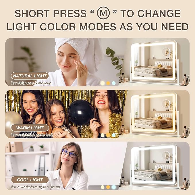Vanity Mirror with Lights, 22"×17" LED Makeup Mirror | Smart Touch Control, Dimmable 3-Color Modes, Memory Function, 10X Magnifying Mirror, for Desk, Bedroom, Dressing