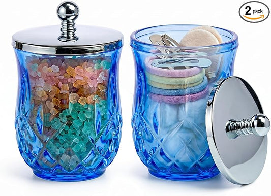 2 Pack Glass Qtip Holder Dispenser Set, Round Bathroom Apothecary Jars with Silver Lid for Cotton Swabs, Balls, Pads, Floss Picks, Vanity Storage Container for Makeup, Candy, Jewelry(10 Oz, Blue)