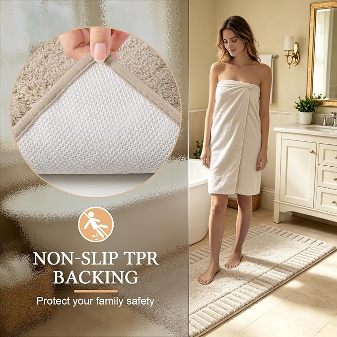 Pauwer Bathroom Rugs Sets 3 Piece, Microfiber Bath Mat Set, Light Beige | Non Slip Washable, Soft Plush, Extra Absorbent Bath Mats, U Shaped Contour Toilet Rug for Bathroom