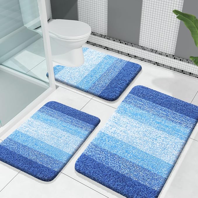 OLANLY Microfiber Bathroom Rugs Sets 3 Piece, 30"x20"+24"x16"+24"x20" | Light Royal Blue, Soft Absorbent Bath Mats and U-Shaped Contour Toilet Rug, Machine Wash Dry, Plush Bath Mat Set for Bathroom