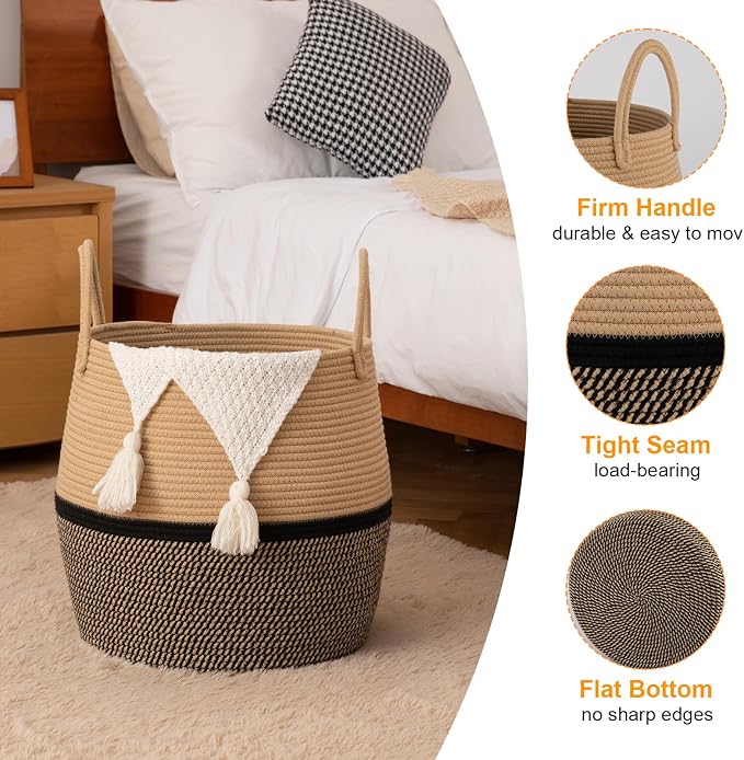 OIAHOMY 60L Blanket Basket with Handle, Storage Basket for Living Room, Laundry Hamper for Clothes, Towels, Pillows, Toy Storage for Kids and Dogs, Baby Hamper for Nursery - Brown & Black