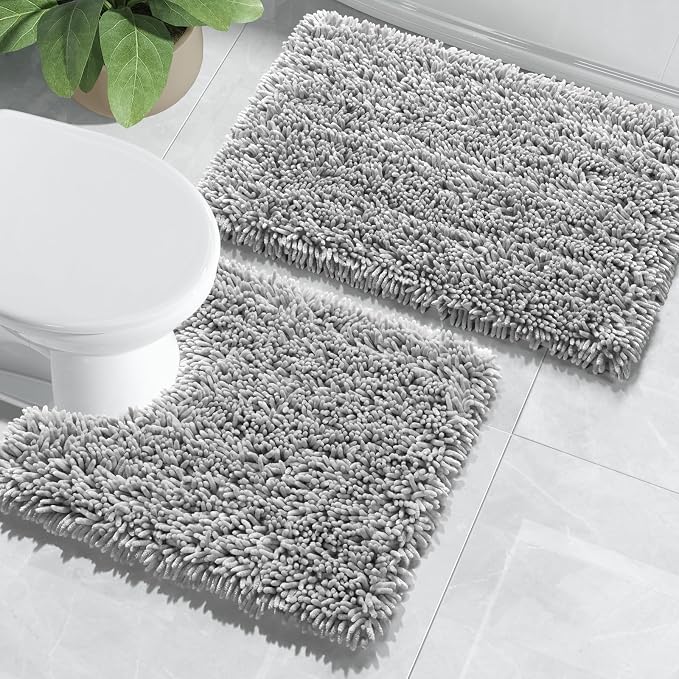 Yimobra Bathroom Rugs Sets 2 Piece, Soft Absorbent Bath Mat and U-Shaped Toilet Rug with Non Slip Backing, Luxury Shaggy Bath Mats for Bathroom, Machine Washable, 24"x17"+24"x20", Light Grey