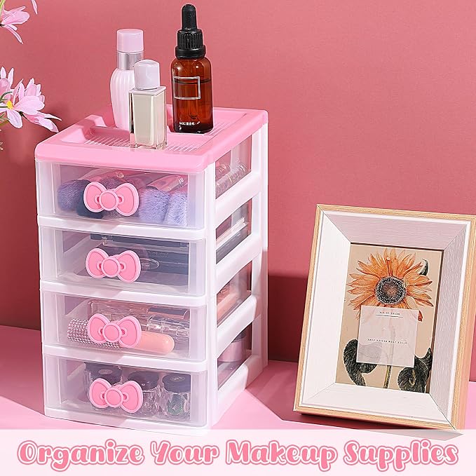 Girls Cute Lovely Color Storage Box Makeup Organizer with 4 Layers, Cute Storage Cabinet Box with Bow Handle, Desktop Storage Box for Home Bedroom Bathroom Women Girl Gifts (Pink)
