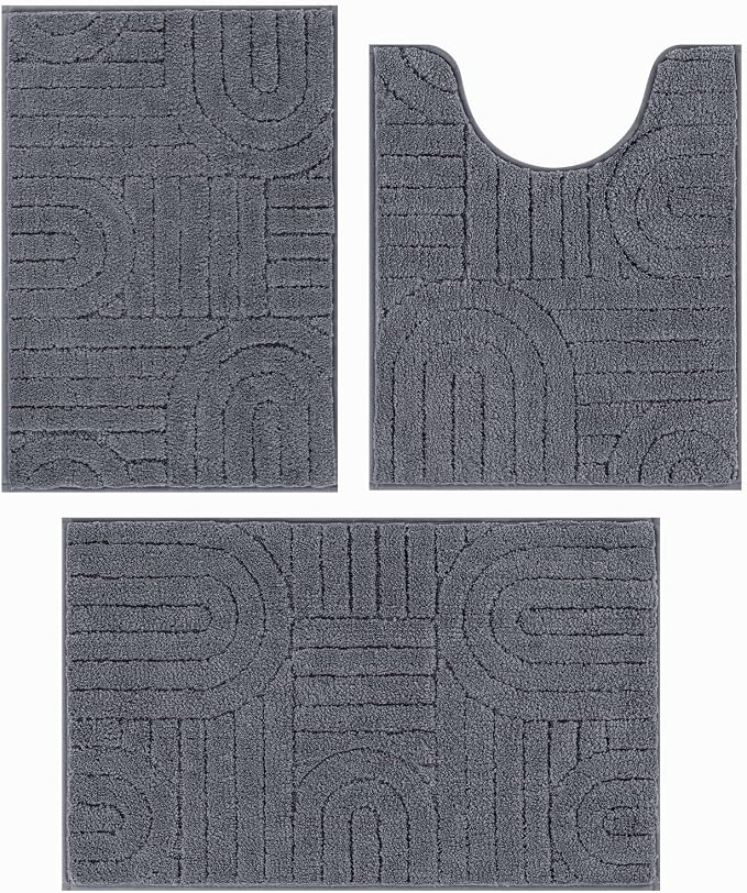Vaukki Grey Bathroom Rugs Sets 3 Piece, 32x20+26x18+24x20 Inch | Washable Non Slip Soft Bath Mats for Shower and Tub, Plush Absorbent Microfiber Toilet Rug U Shaped