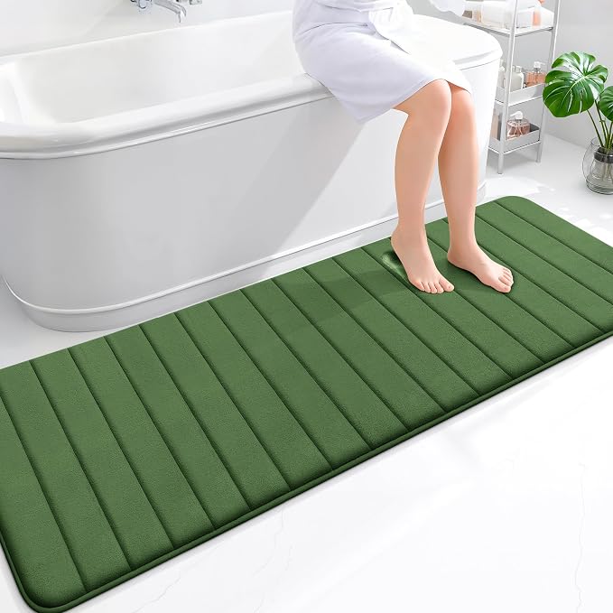 OLANLY Memory Foam Long Bathroom Rugs Runner 70x24, Super Soft Absorbent | Olive Green, Quick Dry Bath Mat, Machine Washable Shower Floor Rugs, Bathmat Carpet for Bathroom Floor, Tub and Shower