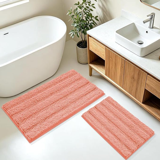 ACCUMTEK Striped Coral Bathroom Rug Mat Set 2 piece 32"x20"+24"x17" Ultra Soft, Non Slip Chenille Bath Rugs, Absorbent Plush Shaggy Bath Mats for Bathroom, Bedroom, Kitchen, Shower, Tub